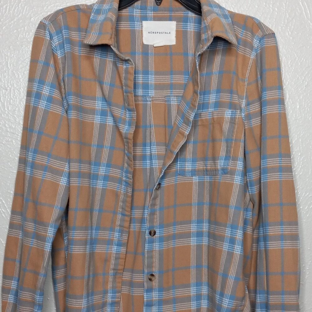 Aeropostale Plaid Flannel Shirt Mens Medium Tan Blue Long Sleeve Button‎ Down